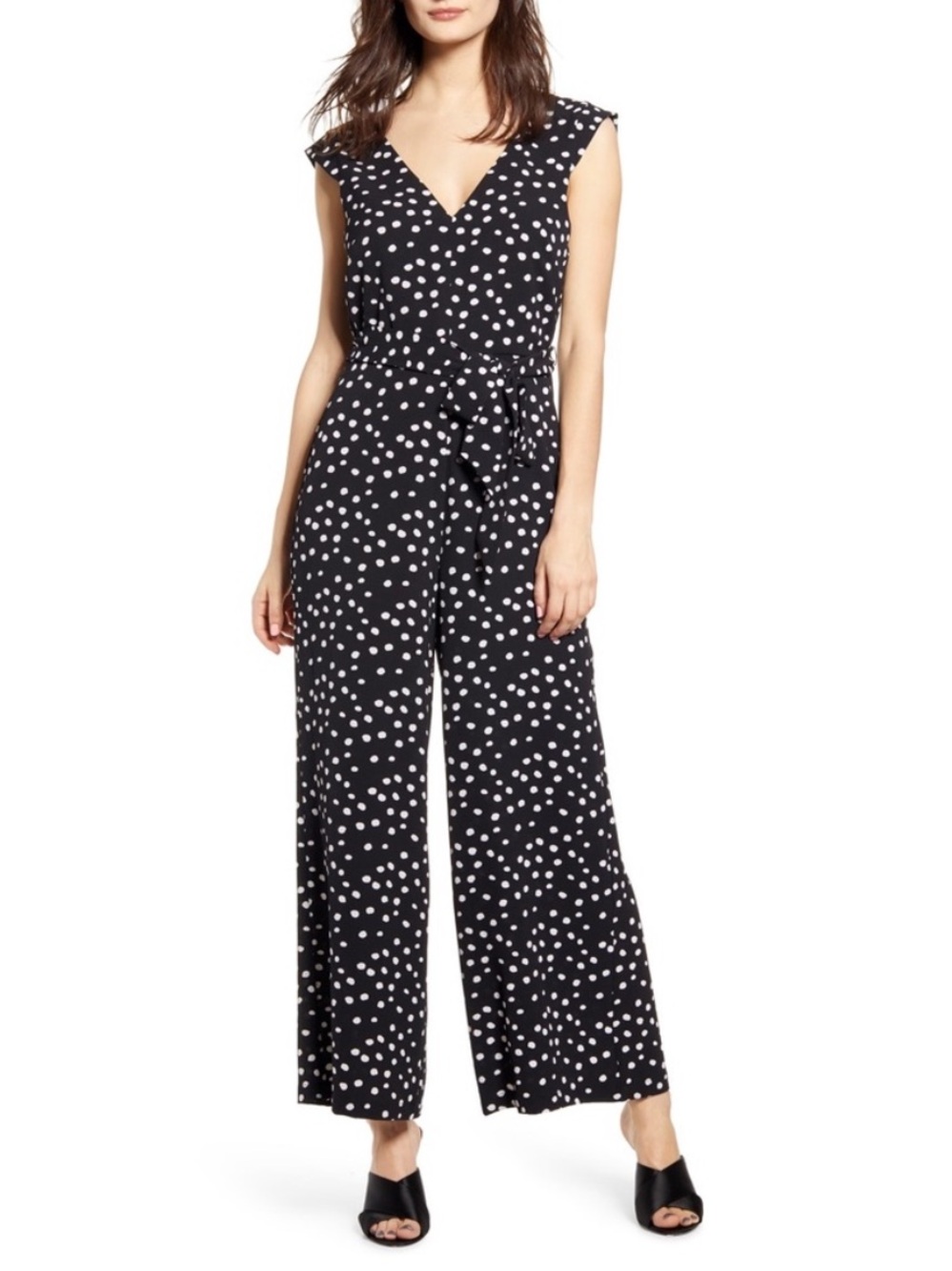 Leith Everyday Mini Polka Dot V-Neck Jumpsuit Wide Leg XS
